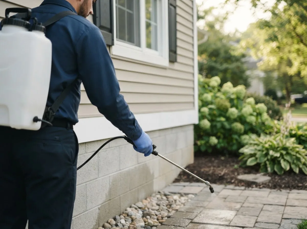 Pest control technician inspecting a home in Waldo, WI